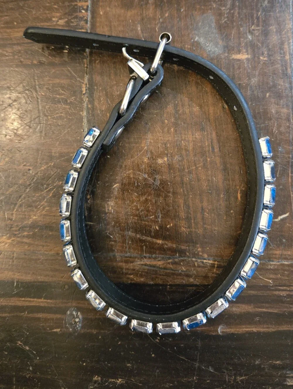 Blue Rhinestone Leather Dog Collar - Size Small